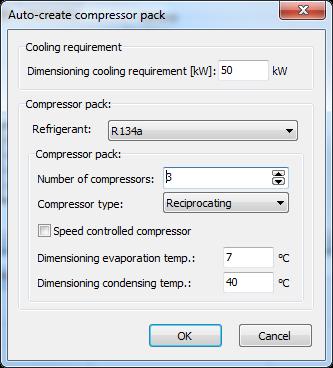 1 Auto-creating a compressor When you press [Auto-create compressor pack] you get the following options: First you select the dimensioning cooling capacity, and then depending on the refrigerant