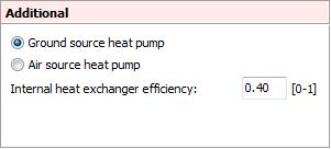 6.2.2 Additional In additional you specify the heat source for the heat pump (either ground or air) and the efficiency of an internal heat exchanger (if none, then set efficiency to 0 see appendix A)