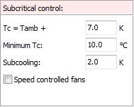 7.1.1 Transcritical condenser control parameters When the gas cooler/condenser for a transcritical system is running subcritical, the program accepts the following settings: Tc = Tamb+b.