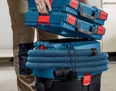 The Bosch L-Boxx tool storage system makes organization o additional leece bags, dust management attachments and personal protective equipment easy.