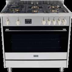 90CM DUAL FUEL UPRIGHT COOKER 5 burner gas hob (NG or LPG) 5kw dual WOK burner Heavy cast iron trivets Flame failure Electric oven 11 function Triple glazed oven door Storage compartment 5kw WOK