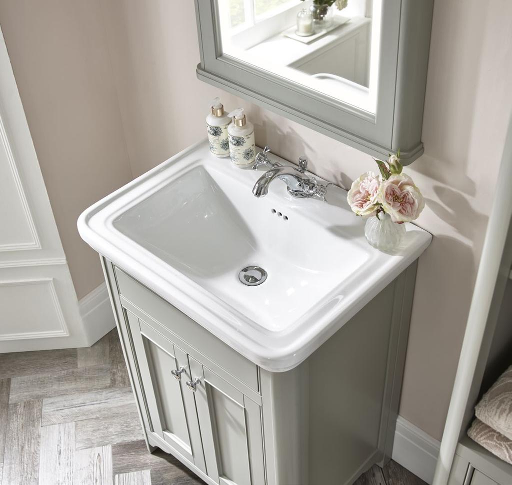 The matching basin features a single tap hole and a classically styled three hole overflow.