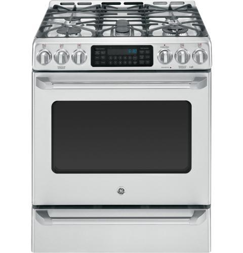 Model#: C2S985SETSS GE Cafe# Series Slide-In Front Control Dual-Fuel Range with Baking Drawer Approx Dimensions (HxDxW): 37 1/4 in X 26 1/2 in X 30 in Fit Guarantee - Replace your old 30
