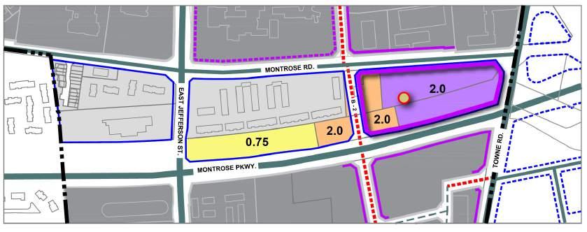 Enhance pedestrian areas along Towne Road to improve pedestrian connectivity between