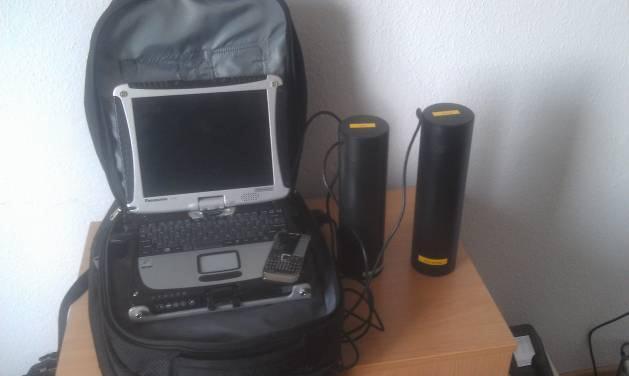 1 neutron detector with digital multichannel analyzer; 2 remote control palmtop; 3 laptop with software, GPS-receiver and database; 4 LaBr gamma with digital multi-channel