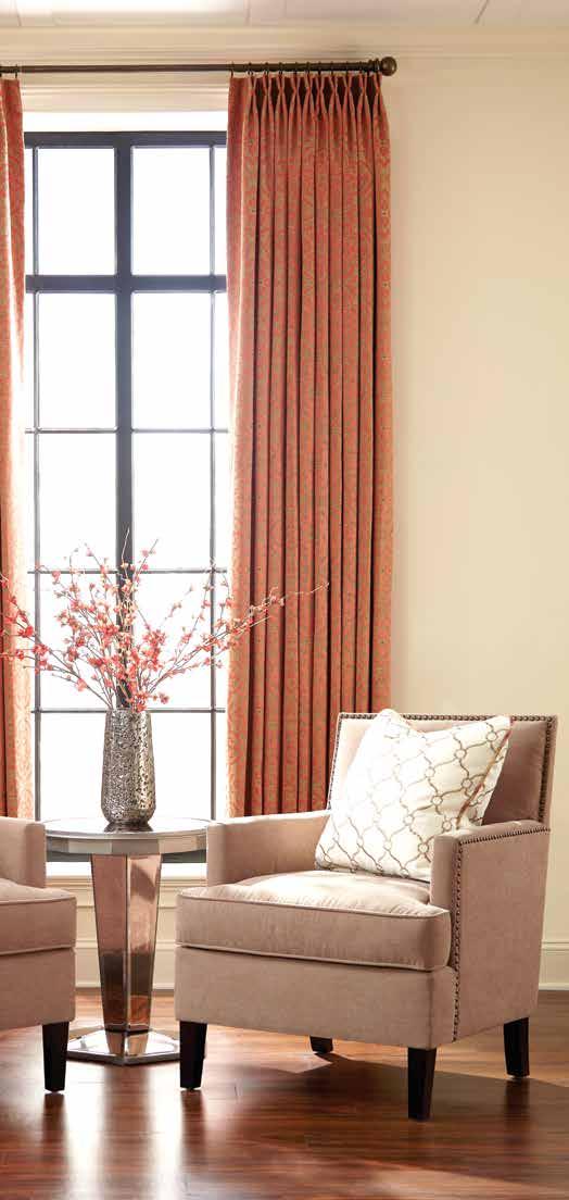 product guide on the cover /at left monarch pleat drapery in chaumont spice, hyde park oxford set in antique bronze pillows in insightful sand inside cover spencer valance in clive onyx, cordless