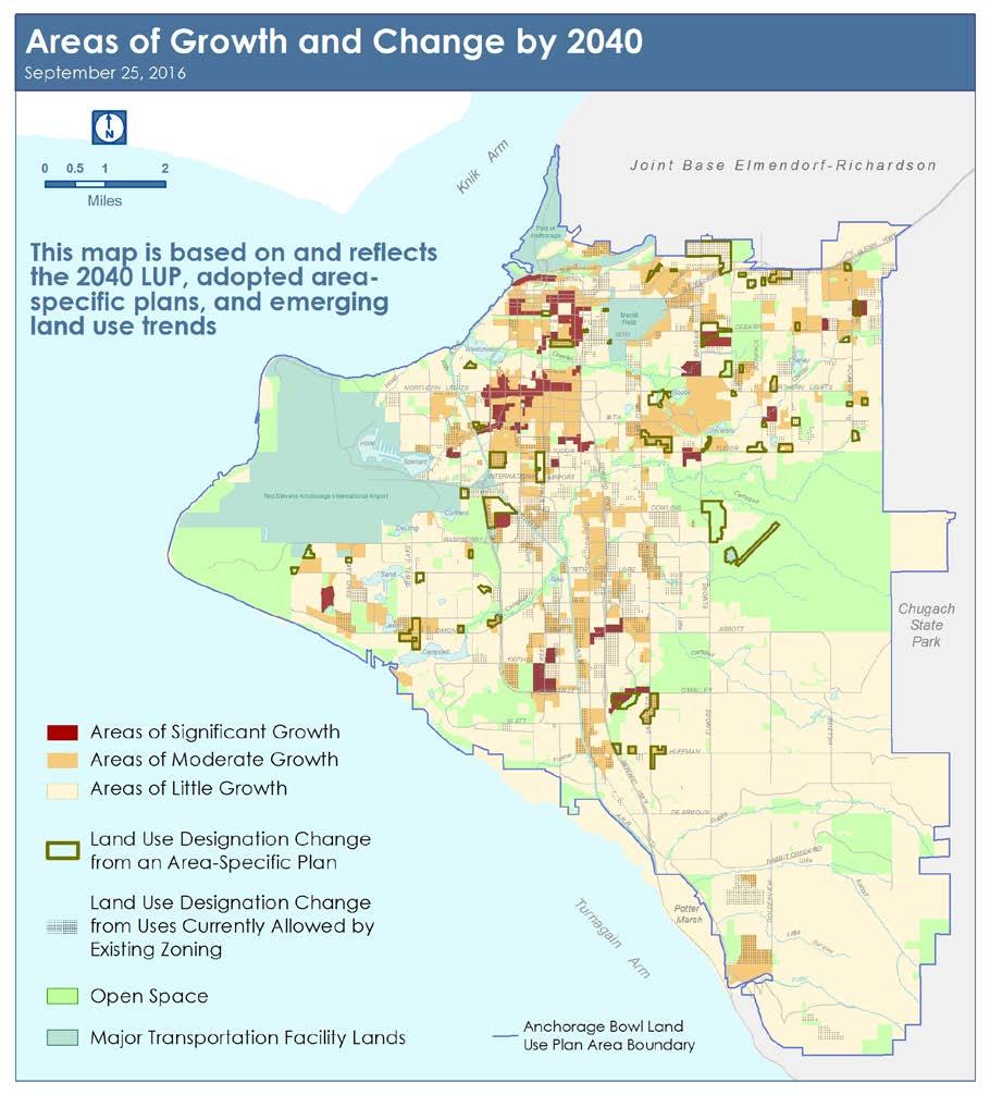 Anchorage 2040 Land Use Plan 7. With existing infrastructure (e.g., streets, parks, water, sewer, sidewalks) or where cost/feasibility of upgrading capacity is there to support additional growth. 8.