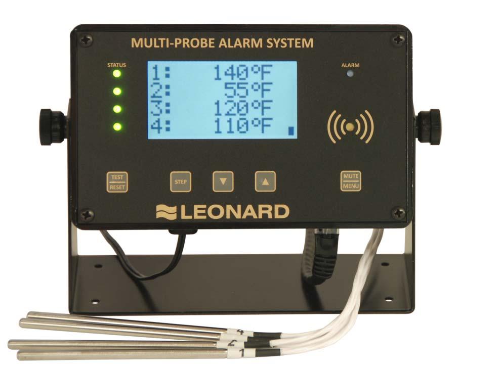 Front Panel The Multi-Probe Alarm System front panel consists of the following: Graphic LCD Channel Status LEDs (STATUS) Alarm LED (ALARM) Audible alarm indicator (buzzer) Buttons o Test & Reset
