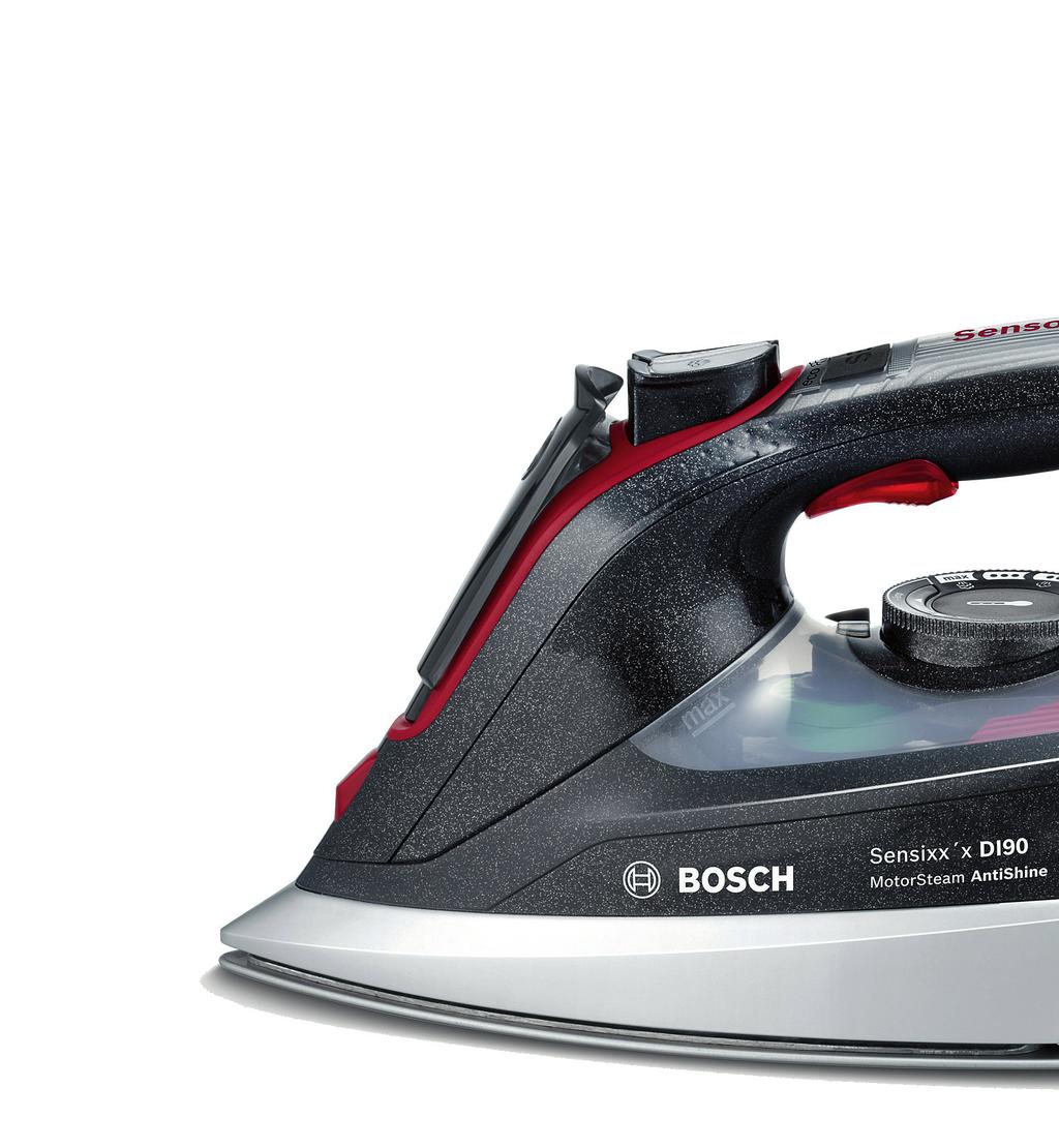 Bosch Sensixx x TDI90 New MotorSteam Techlogy, press once for continuous steam 45%* deeper fabric penetration The SensorSteam feature ensures that the iron switches off