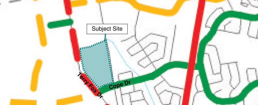 Per Schedule E Urban Road Network, Cope Drive is designated as a collector road and Terry Fox Drive is designated as an