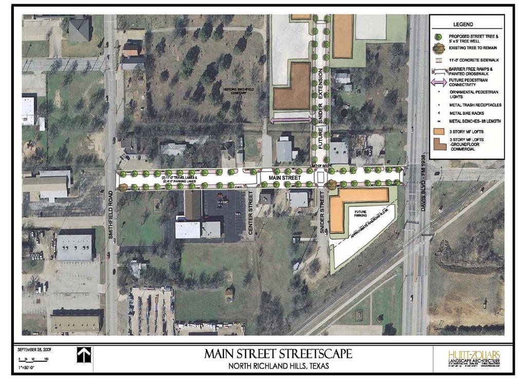 App No. 92: City of North Richland Hills Main Street Streetscaping Project Project Area Aerial Map showing Project Area Boundaries, Street Names, and Key Features.