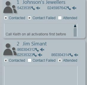 As the alarm handling proceeds, the operator completes checkboxes to quickly record user contacts and