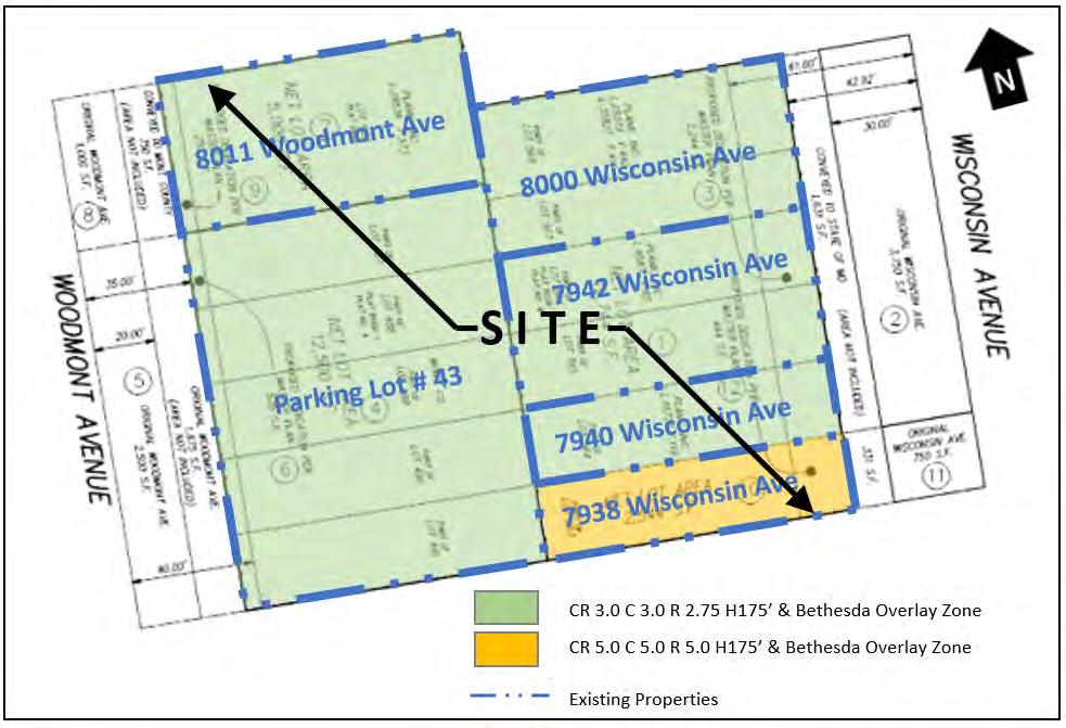 Performance Area and Height Incentive Area. To the west, the Site is immediately adjacent to the Woodmont Triangle District. Site Analysis The Property is zoned CR 3.0 C 3.0 R 2.75 H175 and CR 5.