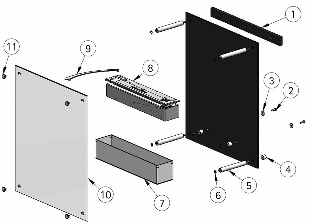 Dimensional drawing for wall-mounted assembly: Mounting holes M6 thread Item Designation Quantity 1 Wall-mounting bracket 1 2 M6 screw for fixing the distance holder 2 3 Washer for the M6 screw 2 4