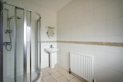 cubicle with shower unit, pedestal wash hand basin