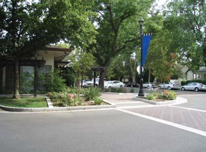 Design heavily used pedestrian areas, such as urban plazas, paseos, and crosswalks, to incorporate special paving materials (e.g., decorative pavers), colors, and/or patterns to make pedestrian crossings appear more visible and to help foster a unique, desirable identity.