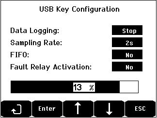 been set to Start, the message USB Flash is not present, is displayed in place of the bargraph. Figure 50: USB key configuration screen example. 2.