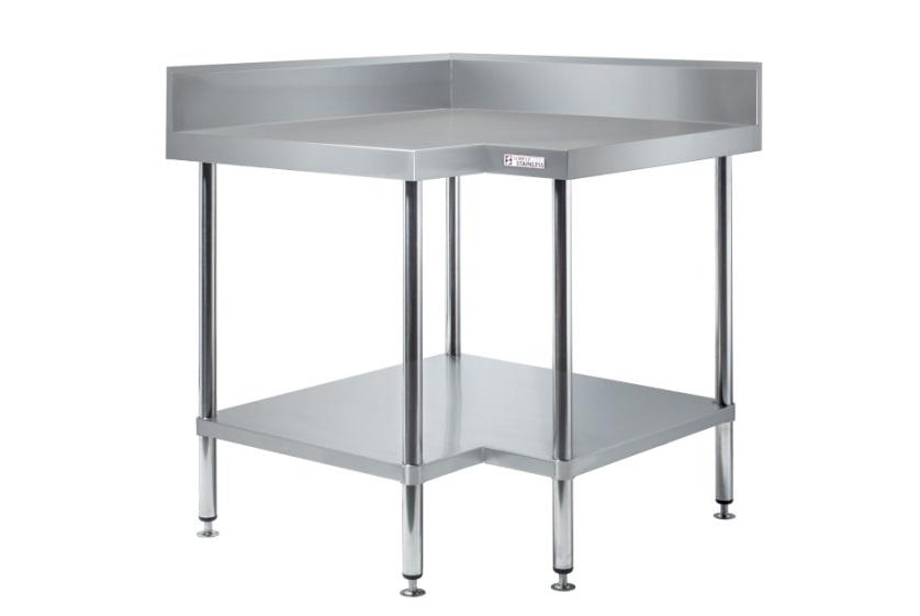 STAINLESS STEEL CORNER BENCH 04 CORNER BENCH WITH SPLASHBACK 1.2mm thick tops Fully modular and expandable Stability and knock tested Supplied with 1.