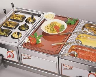 insert tray for draining off the food, Deep-drawn trough for rapid and easy cleaning. Pasta cooker, work top and Bain-marie: A pleasure for those evenings with an Italian flavor!
