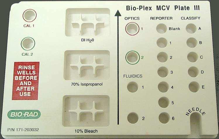 8.Use the MCV Plate provided on top of the machine to validate, calibrate and wash the machine.
