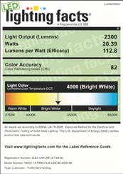 2300 LUMEN AT 80CRI - LOW OUTPUT PERFORMANCE LED output Color Temp Watts Nominal Delivered Lumens low output 3000K 22.5 2300 103 246 low output 3500K 21.