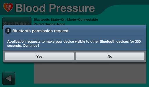 Setting Up Peripheral Devices 4. On the Genesis Touch Blood Pressure screen, select Start Pairing. Messages appear as the monitor and blood pressure unit attempt to pair: 5.