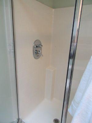 Shower Condition Moisture stains/elevated moisture level. Materials: One-piece plastic shower noted in master bathroom.