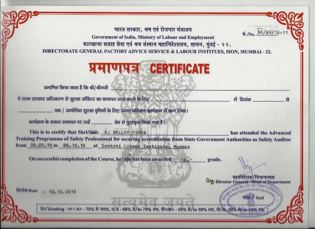 AUDITOR CERTIFICATE ISSUED