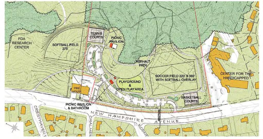 PROS AND CONS - Scheme 1 Pros Open space and fields adjacent to woodland Parking is centrally located and easily shared by all uses Cons