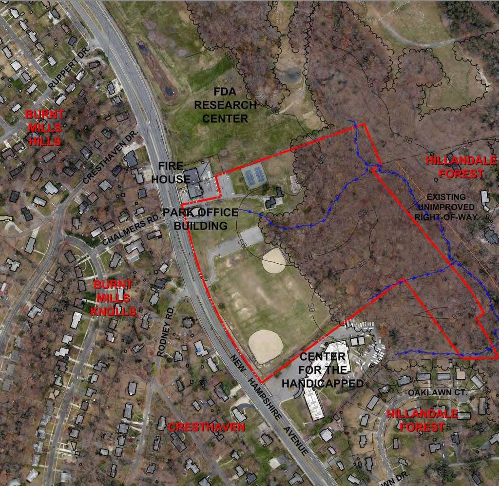 PROJECT LIMITS AND SCOPE Current Uses: 2 softball fields with soccer field overlay 2 lighted tennis courts 2 lighted basketball courts 1 playground Background: 23.7 acres 13.