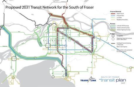 South of Fraser Area Transit Plan Highlights: Long-range plan: to 2031 375 more buses Rapid transit on KGH/104, Fraser Highway, 200th Street (B-Line, BRT, LRT) Frequent