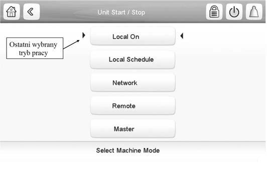 4.3 - Start/Stop screen The Start/Stop screen allows users to select the operating mode of the unit. 1 4.3.1 - Unit start-up With the unit in the Local off mode, press the Start/Stop button the required mode.