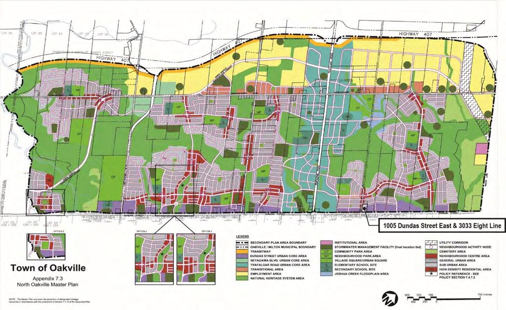 Figure 2 illustrates the subject site within the context of the North Oakville Master Plan, Appendix 7.3, February 2008.