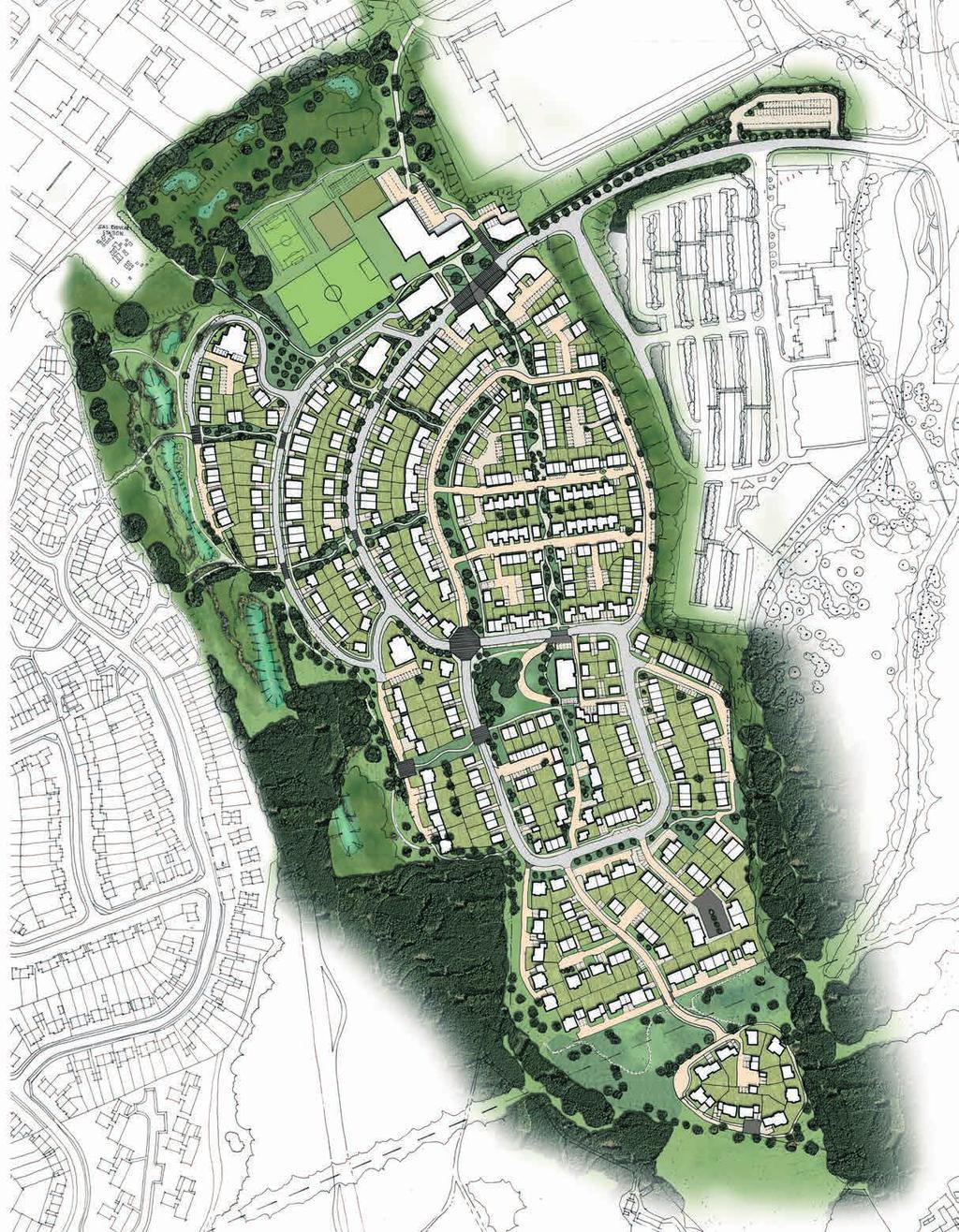 masterplan 17 3 1 2 1 Access to site via Knights Way 2 Mied use buildings frame the Knights Square 3 Possible school site located in a less sloping part of site 4 Spine road sweeps up to follow the