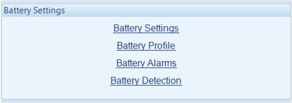 Edit Configuration 4.3 BATTERY The inputs page is subdivided into smaller sections. Select the required section with the mouse. 4.3.1 BATTERY SETTINGS Enable or disable the external Battery Temperature Sensor (PT1000).