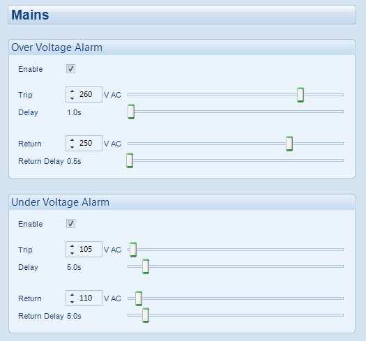Edit Configuration 4.4 MAINS 4.4.1 MAINS VOLTAGE ALARMS Enable or disable the alarms. The relevant values below will appear greyed out if the option is disabled.