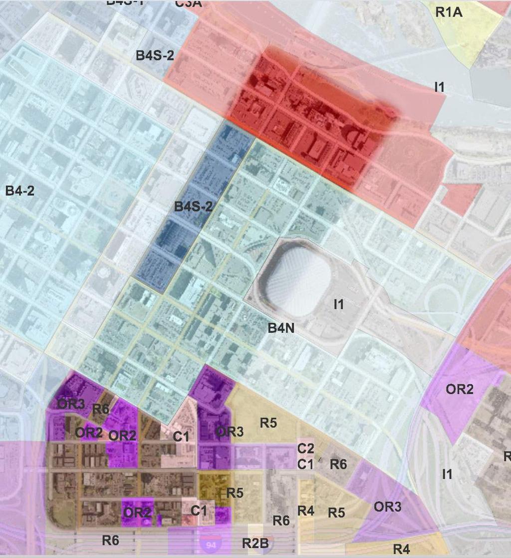 B4S-2: Downtown Service District High density mixed use neighborhood. Height Limit: N/A Min. FAR: 2.0 Max. FAR: 8.0 Setbacks: Front yard: 25 Side yard: 5 + 2X (X= # of floors) Rear yard: Equal to min.