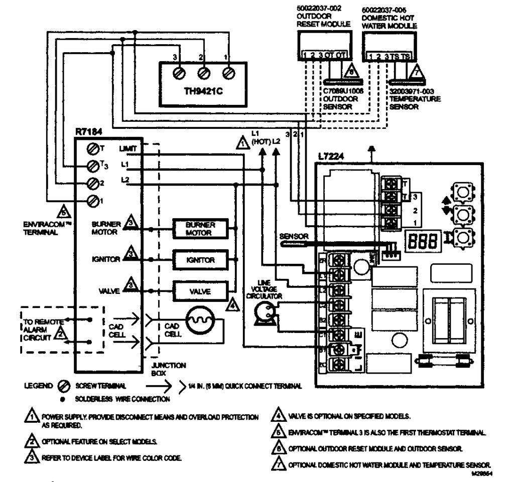L7224A,C; L7248A,C,L OIL ELECTRONIC AQUASTAT CONTROLLERS Fig. 6. L7224A,C multizone system with circulator connections. Fig. 6. L7224A,C multizone system with circulator connections and EnviraCOM thermostat.