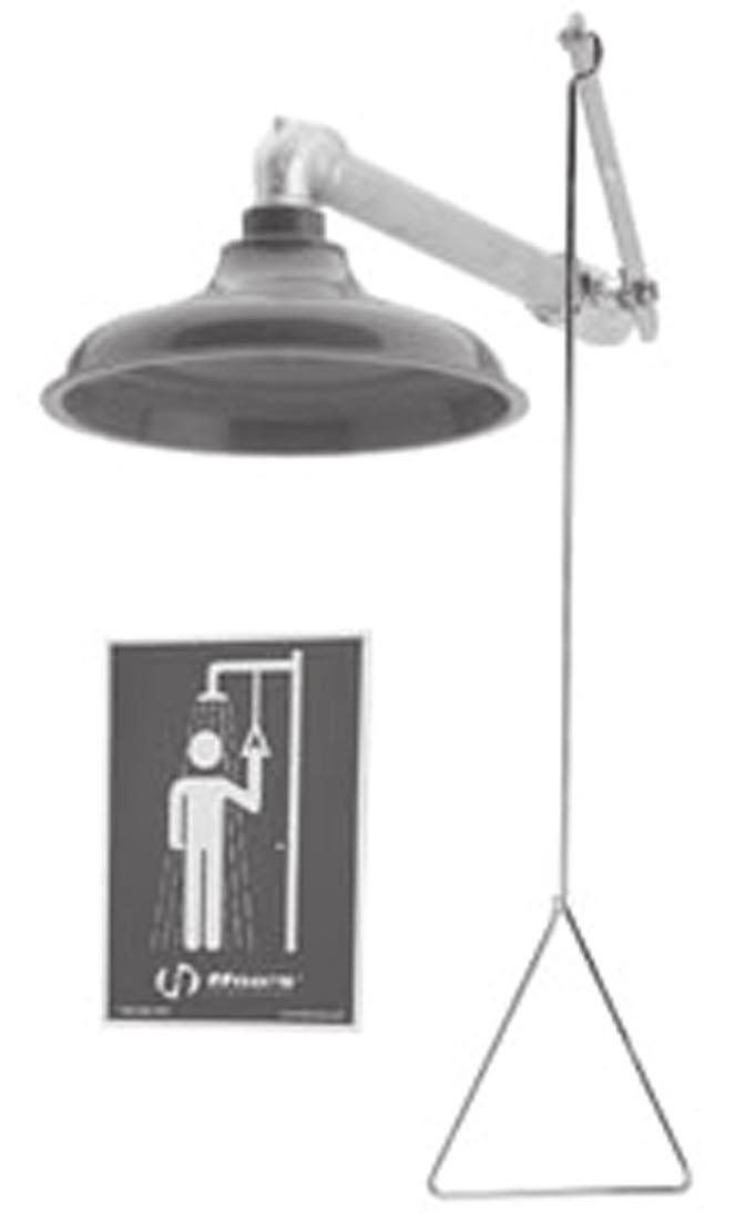 40400033 COMBINATION SHOWER AND EYE WASH With 10" ABS plastic showerhead, eyewash receptor and twin Soft-Flo eye wash heads. Shower activated by pull rod.