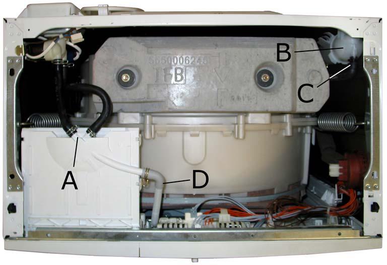 4.7 Water flow 4.7.1 Two-way detergent dispenser The internal supply hoses of the prewash and main wash valves are connected to the two-way detergent dispenser.