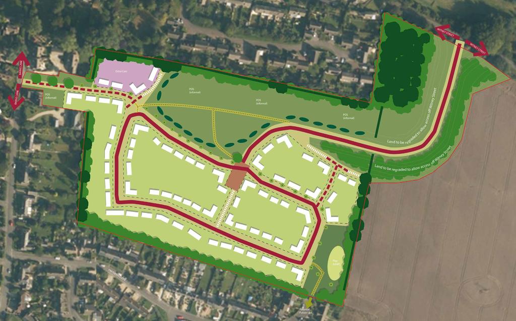 The plans are at outline stage and our initial concept masterplan includes the following features: Up to 85 new homes Up to 60 bed extra care facility Primary vehicular access from Witney Street