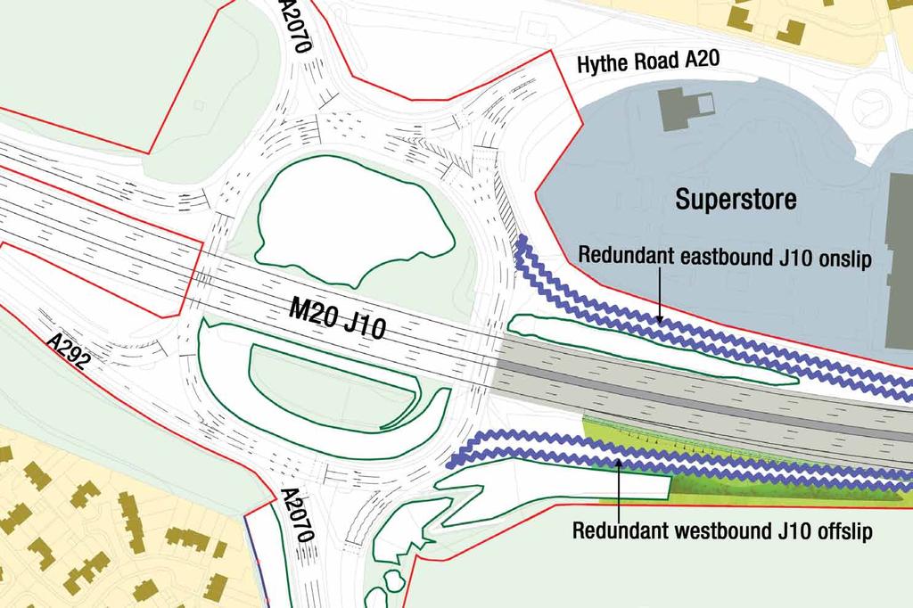 Scheme layout M20 junction 10 features East facing slip roads will become redundant. Traffic signals, white lining and signing will be amended following slip road removal.