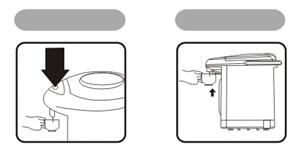 Water Dispense Button: 1. Press Unlock button first to unlock the unit. 2. Press Dispense button to release water.