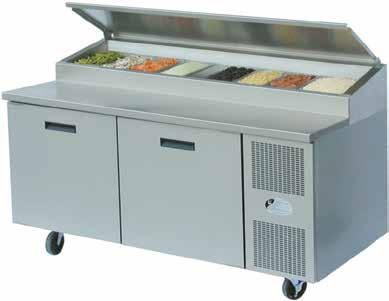 REFRIGERATED PIZZA PREPARATION TABLES Unit top and raised rail is formed from four piece 20 gauge stainless steel with a 1 1 2" 90 nosing/top turndown Exclusive rail drain for easy clean-up Rail