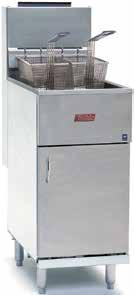 FREE STANDING GAS FRYER Stainless steel cabinet and fry tank Easy to service millivolt thermostat is located behind the door with a 200 to 400 F temperature range Twin baskets 120,000 Btu/hr 1 1 4"
