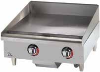 Btu, 24"w x 30"d x 16"h 610542 (6) Burners, 120,000 Btu, 36"w x 30"d x 16"h HEAVY DUTY MANUAL GAS GRIDDLES 1" thick polished stainless steel griddle plate Embedded mechanical snap action thermostat