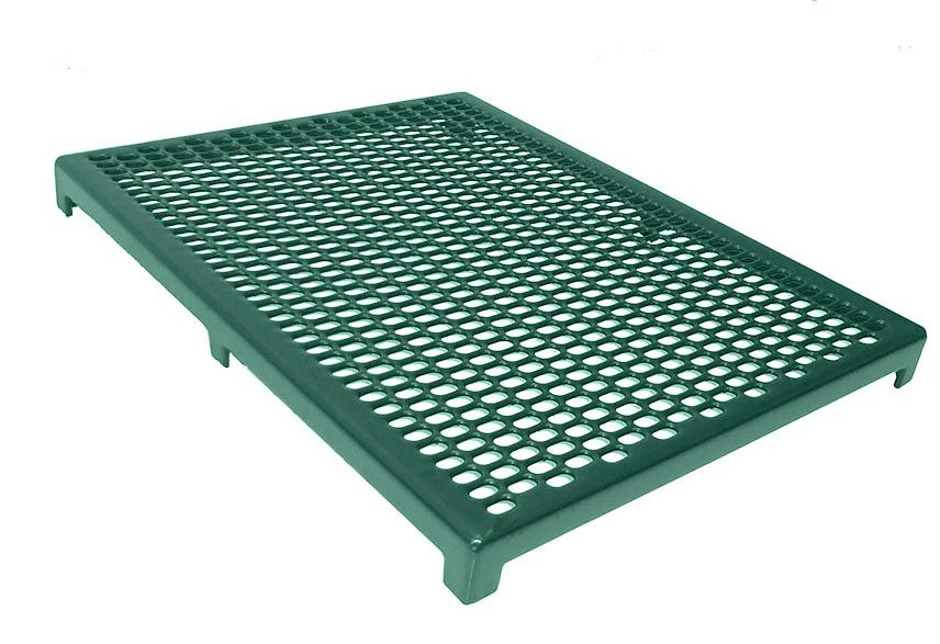 Comfort RACS are perforated steel with a glossy Hunter Green plastisol coating. The perforating process produces a flat, comfortable surface for the animal.