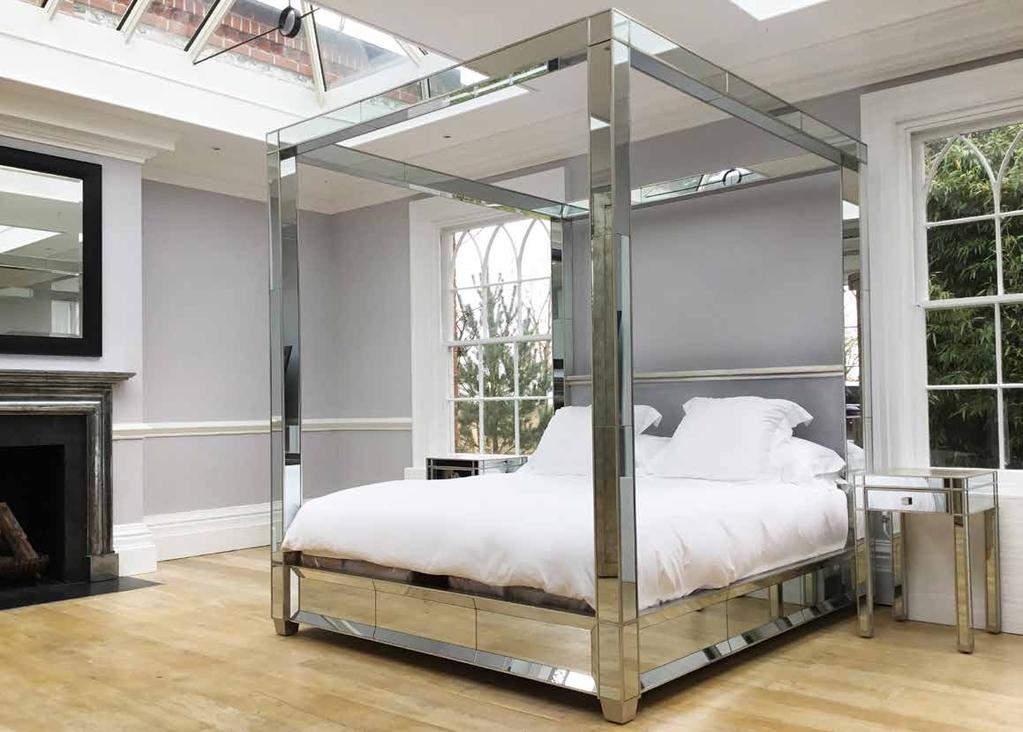 LAMOUR FOUR POSTER This unique, one-off bed is designed in panels of glass, creating a frame that recalls the golden age of Hollywood glamour, luxuriously edged in silvered antiqued wood and finished