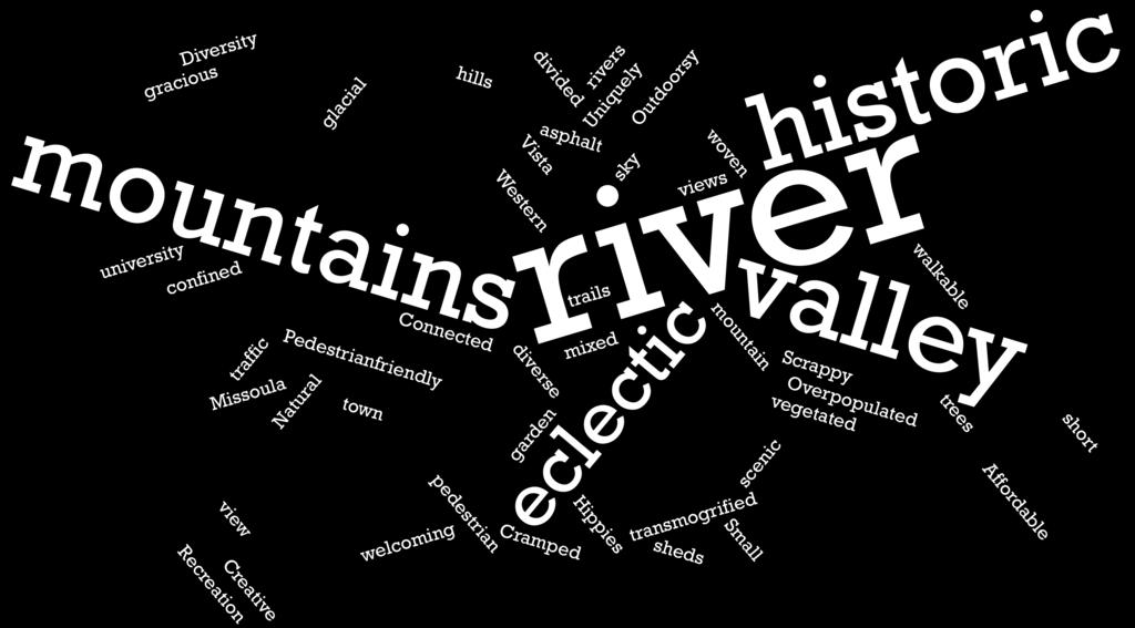 The questionnaire also asked that people describe the assets of Missoula in three single words, the results of which formed the word cloud below.