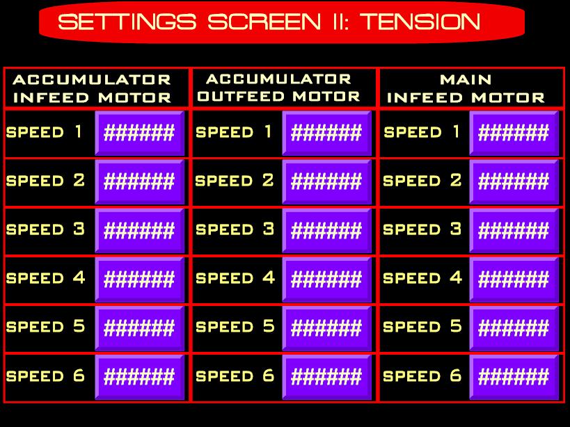 SETTINGS SCREEN II: TENSION Screen Instructions ACCUMULATOR This numeric entry group sets the desired speed steps (1 to 6) INFEED MOTOR of the Accumulator Infeed Motor.